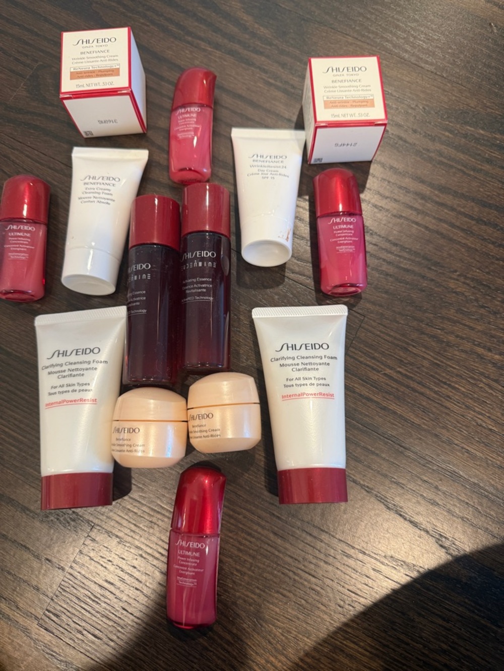 Shiseido Skincare Set with White Tubes and Red Bottles